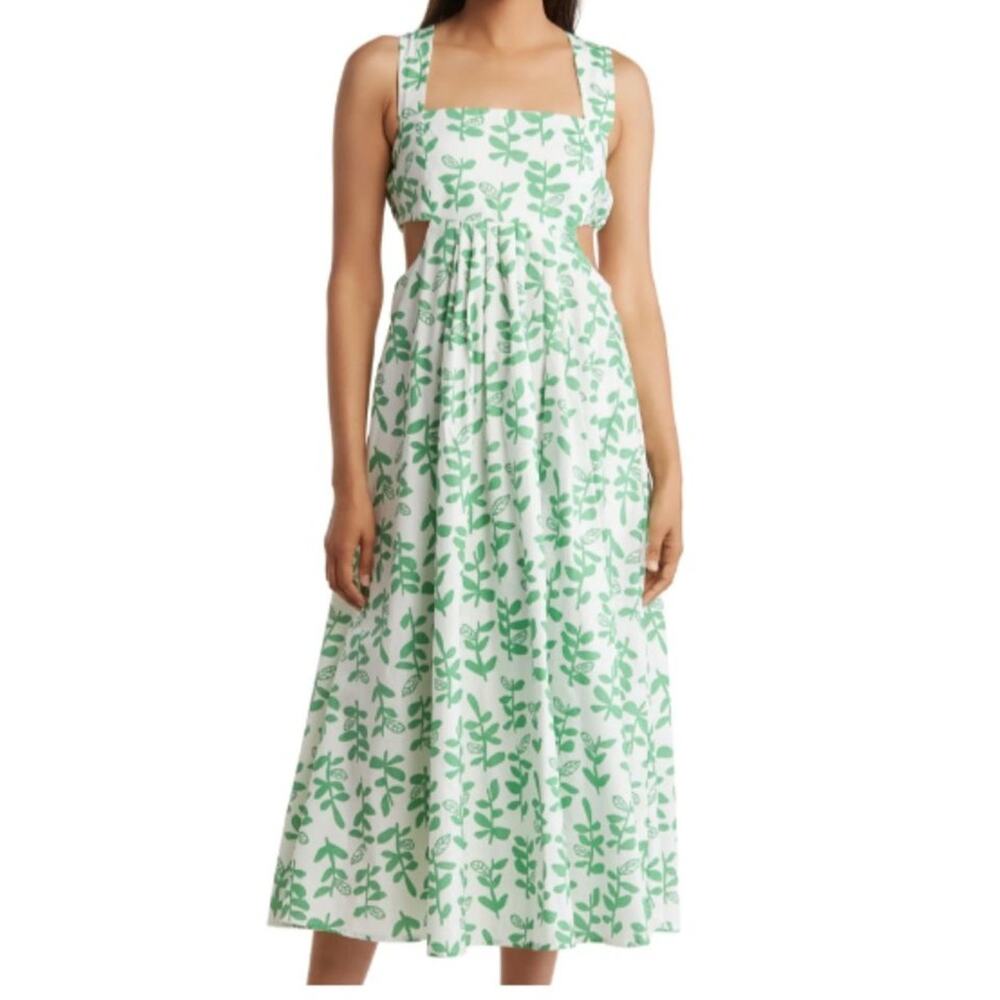 New ~ STITCHDROP ~ Floral Print, Side Cutout Cotton Maxi Dress Medium
